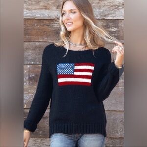 Wooden Ships American Flag Sweater navy Blue White Red Long Sleeve open knit S/M